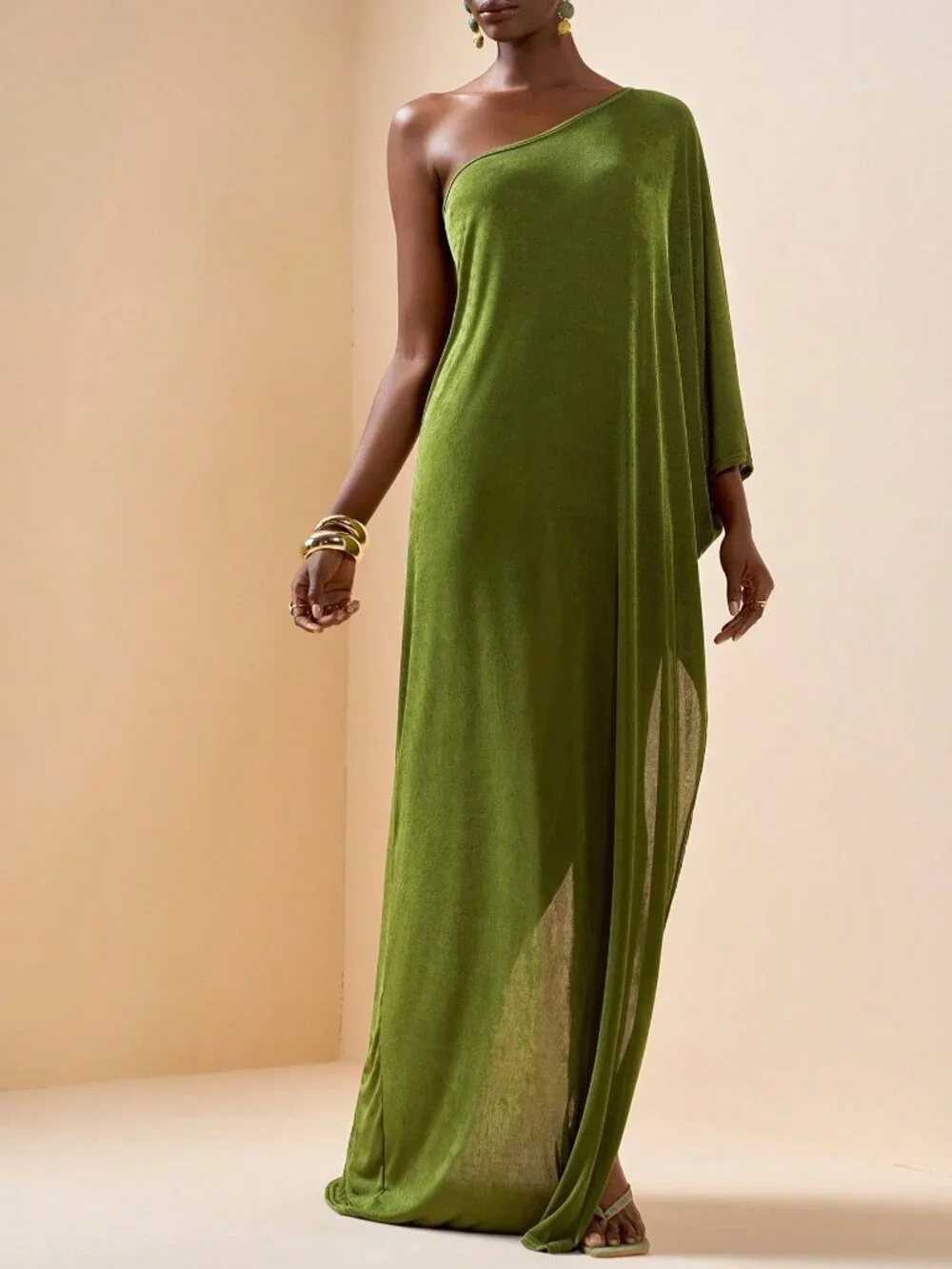 Army Green Elegant Women's One-Shoulder Robe Beach Cover-Up